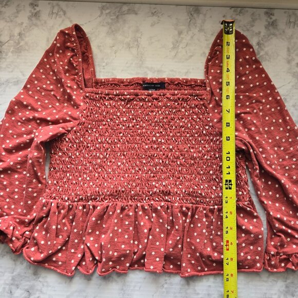 American Eagle Rust Polka Dot Ruffle 3/4 Sleeve Smocked Peplum Top Size M, Red - Picture 11 of 11